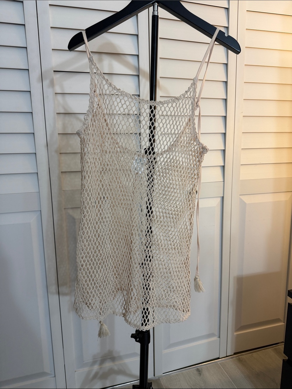 wild fable Cream Crochet Mesh Camisole with Tassel Straps
